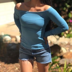 Blue Long Sleeve Off The Shoulder Top